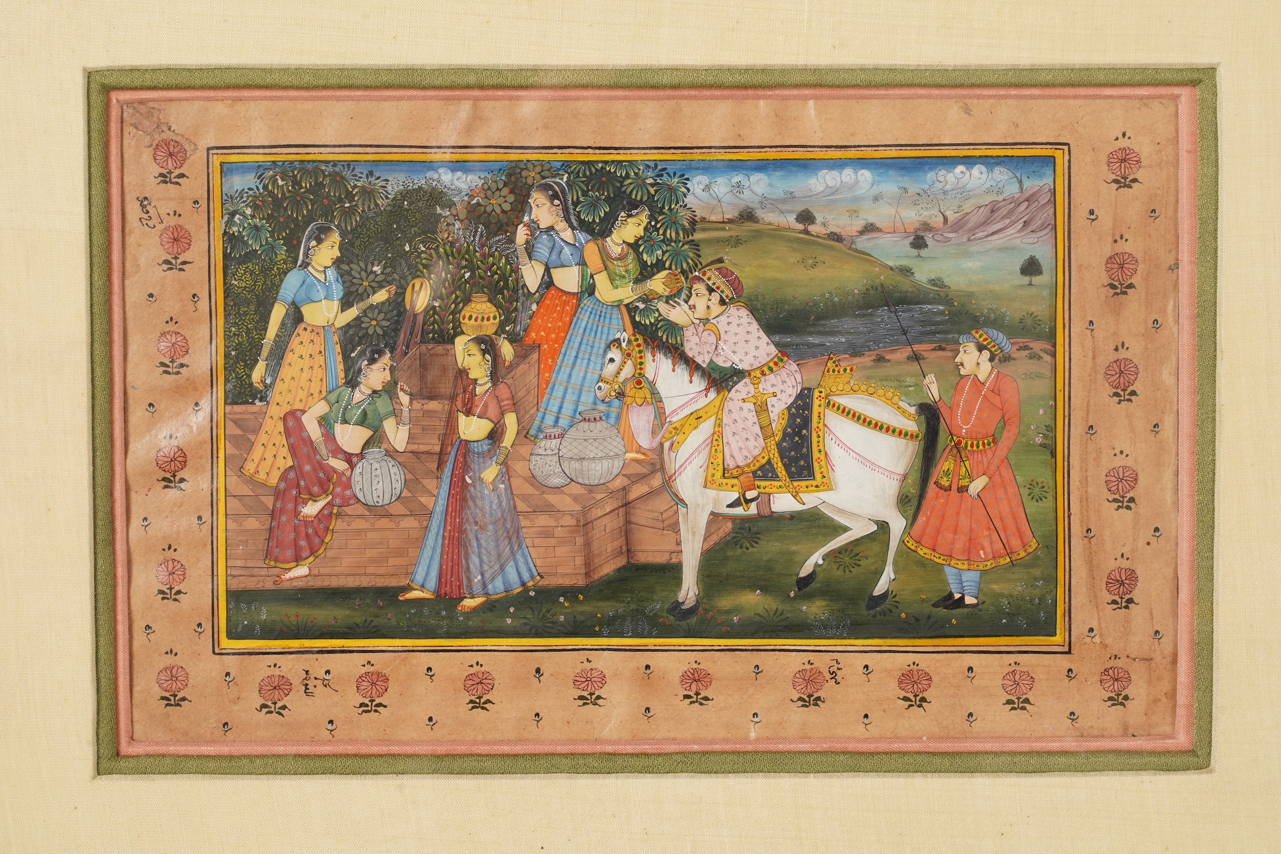 Indo-Persian school , (19th century), Mughal court scenes, Two gouache miniature paintings, Inscribed picture 18cm x 26.5cm, the second including borders 16.5cm x 26.5 cm